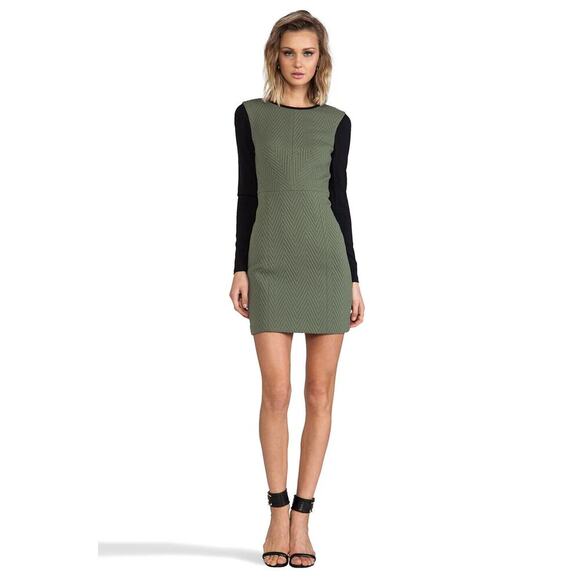 TIBI Quilted Zig Zag Fitted Dress in Olive/Black Multi Sheath Long Sleeve Size 6 - Picture 1 of 8